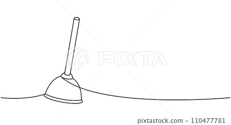 Toilet plunger one line continuous drawing. Cleaning service tools continuous one line illustration. Vector linear illustration. Toilet plunger one line continuous drawing. Cleaning service tools continuous one line illustration. Vector linear illustration. 110477781