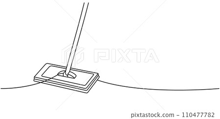Floor cleaning mop one line continuous drawing. Cleaning service tools continuous one line illustration. Vector linear illustration. 110477782