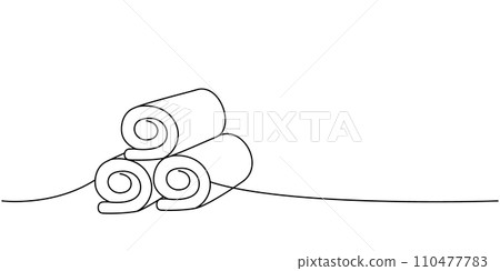 Towels for bathroom one line continuous drawing. Cleaning service tools continuous one line illustration. Vector linear illustration. 110477783