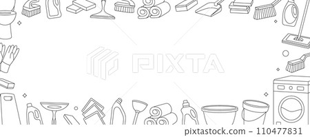 Cleaning tools horizontal outline banner. Toilet bowl, floor mop, bucket, plunger, scoop, sponges, brushes, cleaners, towels. Housekeeping service . Cleaning tools horizontal outline banner. Toilet bowl, floor mop, bucket, plunger, scoop, sponges, brushes, cleaners, towels. Housekeeping service . 110477831