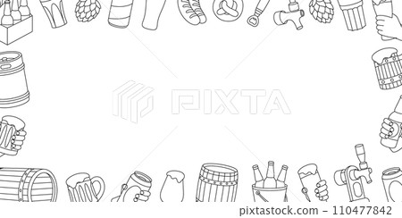 Brewery horizontal outline banner. Wooden barrels, cans, glasses, mugs, metal keg, bottle opener, sausages, tap, hop cone. Brewery factory production. Brewery horizontal outline banner. Wooden barrels, cans, glasses, mugs, metal keg, bottle opener, sausages, tap, hop cone. Brewery factory production. 110477842