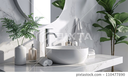 White marble countertop and round washbasin modern luxury restroom interior design, spa like bathroom. generative ai 110477890