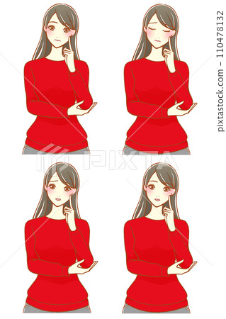 4 types of women thinking with their index fingers on their cheeks (black hair) 110478132
