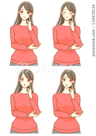 4種用食指放在臉頰上思考的女性（黑髮） 110478134