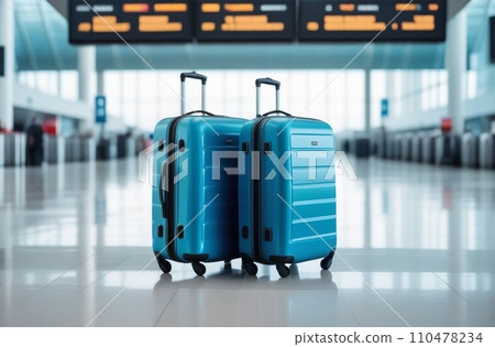 A modern suitcase stands verticall at blue color on airport. 110478234