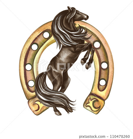 The horse rears up against the background of a horseshoe. A hand-drawn watercolor. isolate it. For printing, stickers and labels. For postcards, business cards and packaging. For banners, posters. The horse rears up against the background of a horseshoe. A hand-drawn watercolor. isolate it. For printing, stickers and labels. For postcards, business cards and packaging. For banners, posters. 110478260