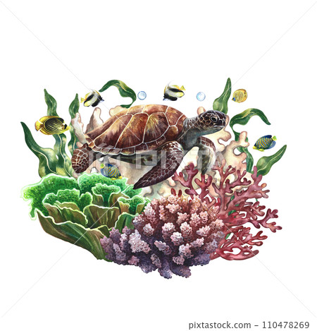 Sea turtle on a background of corals. Underwater world with colorful coral fish. Watercolor painted by hand. For business cards and banners, flyers and brochures. For prints, stickers, postcards. 110478269