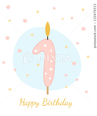 Sweet, Happy Birthday card. Vector illustration of a candle for a cake in the form of the number 1. 110478313