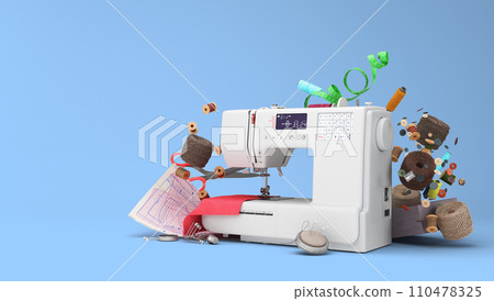 New sewing machine and accessories 3d render on blue background 110478325