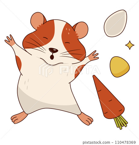 Cute orange and white hamster stretches and yawns, carrots, corn kernels, pumpkin seeds. Isolated on a white background. Vector flat illustration. Cute orange and white hamster stretches and yawns, carrots, corn kernels, pumpkin seeds. Isolated on a white background. Vector flat illustration. 110478369
