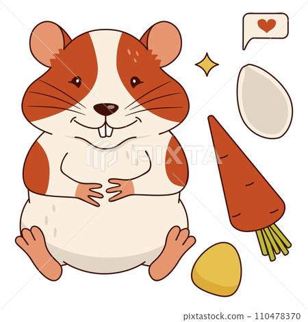 Cute orange and white hamster, carrots, corn kernels, pumpkin seed, sms. Isolated on a white background. Vector flat illustration. 110478370