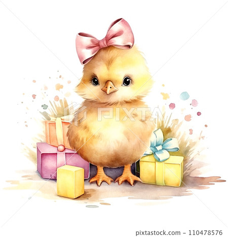 Happy yellow chicken with gift boxes 110478576