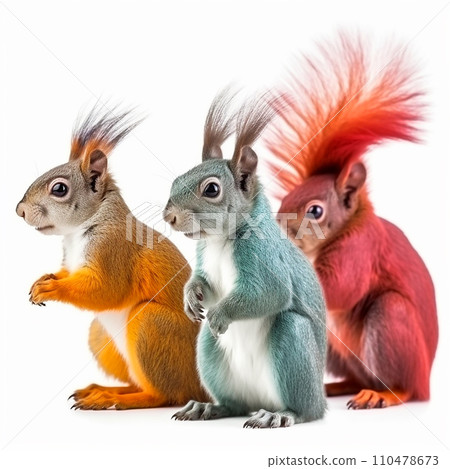Multi-colored squirrels, red, yellow and gray squirrels portrait, close-up on a white background. Unusual rodents 110478673
