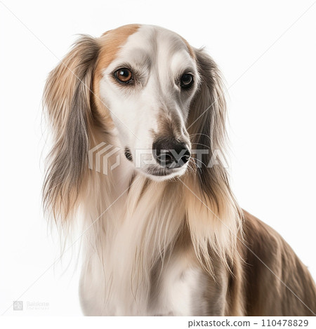 Saluki dog close up portrait isolated on white background. Cute pet, hunting dog, loyal friend, good companion Saluki dog close up portrait isolated on white background. Cute pet, hunting dog, loyal friend, good companion 110478829