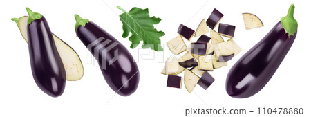 Eggplant or aubergine with diced isolated on white background. Top view, flat lay 110478880