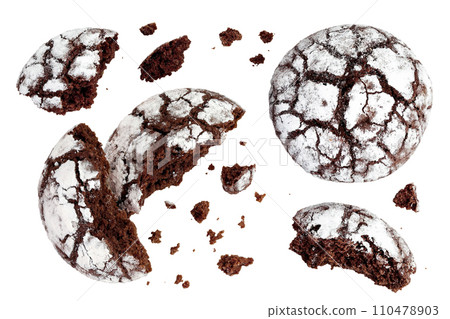 Chocolate brownie cookie isolated on white background. Top view with copy space for your text. Flat lay Chocolate brownie cookie isolated on white background. Top view with copy space for your text. Flat lay 110478903