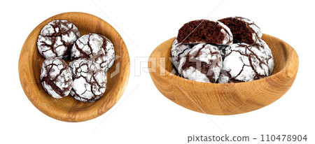Chocolate brownie cookie in a wooden bowl isolated on white background. Top view. Flat lay Chocolate brownie cookie in a wooden bowl isolated on white background. Top view. Flat lay 110478904