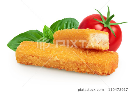 Fish finger or stick isolated on white background with full depth of field Fish finger or stick isolated on white background with full depth of field 110478917