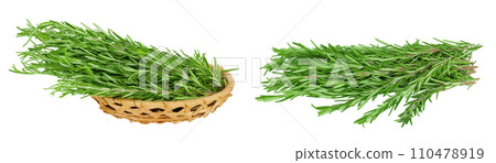 Rosemary twig and leaves in a wicker basket isolated on white background 110478919
