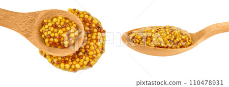 french mustard in wooden spoon isolated on white background with full depth of field. Top view. Flat lay. french mustard in wooden spoon isolated on white background with full depth of field. Top view. Flat lay. 110478931