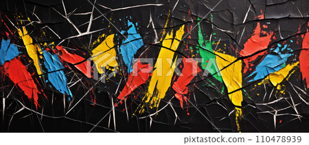 Chaotic multi-colored strokes of paint on black cracked wall. Art background, design in grunge style. Chaotic multi-colored strokes of paint on black cracked wall. Art background, design in grunge style. 110478939