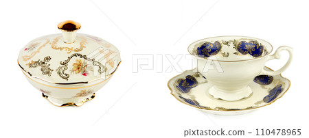 Vintage candy bowl, tea cup and teapot isolated on white. Collage. 110478965