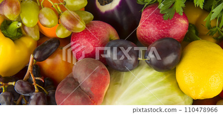 Beautiful background from various vegetables and fruits. Wide photo. 110478966