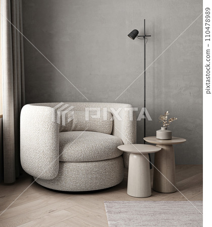 Textured fabric armchair with modern side tables and minimalist floor lamp in a contemporary living space 110478989