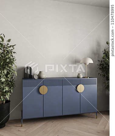 Sleek sideboard in modern interior design with gold accents and indoor plant adding a touch of elegance Sleek sideboard in modern interior design with gold accents and indoor plant adding a touch of elegance 110478995