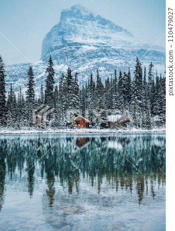 Winter scene of wooden lodge in snowy pine forest on Lake O'hara at Yoho national park, Canada Winter scene of wooden lodge in snowy pine forest on Lake O'hara at Yoho national park, Canada 110479027