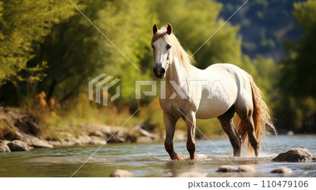 white and brown horse near river white and brown horse near river 110479106