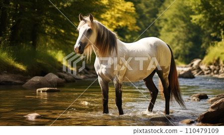 white and brown horse near river white and brown horse near river 110479109