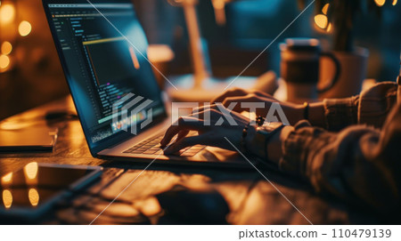 Close up hands female editor holding mouse pen working editing video and enjoy with job create content 110479139