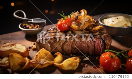 juicy steak topped with melted butter 110479163
