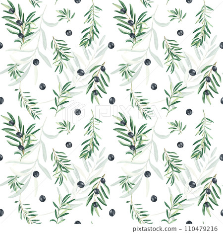 Watercolor seamless pattern with branches of black olives on a white background. Can be used for textile, wallpaper prints, kitchen, food and cosmetic design. 110479216