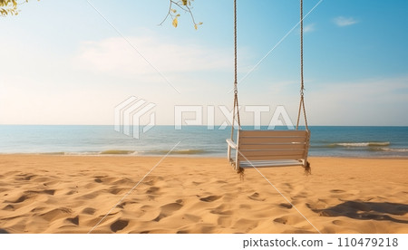 AI-generated content. Empty swing on tropical beach with blue sky and copy space AI-generated content. Empty swing on tropical beach with blue sky and copy space 110479218