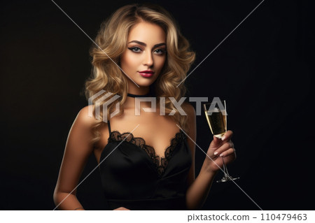 Woman holds glass of wine on dark background Woman holds glass of wine on dark background 110479463