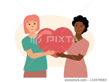 Lesbian couple in love. Female LGBT family. Smiling women holding huge heart together. Two girlfriends flat vector. Valentines day celebration romantic illustration 110479464