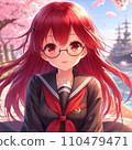 河邊櫻花樹下，穿著水手服的女孩微笑著 110479471