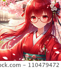 穿著和服的女孩在舞動的櫻花中微笑 110479472