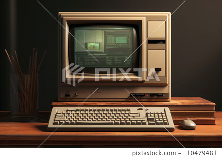 Vintage personal computer on desktop. Generative AI 110479481