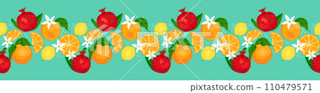 Tropical border pattern with colorful design of orange, pomegranate, lemon fruits, leaves and flowers on blue background. Summertime horizontal print design 110479571
