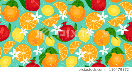 Tropical seamless pattern with colorful design of orange, pomegranate, lemon fruits, leaves and flowers on blue background. Summertime fabric print design Tropical seamless pattern with colorful design of orange, pomegranate, lemon fruits, leaves and flowers on blue background. Summertime fabric print design 110479572