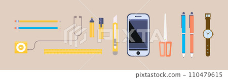 Desktop Object with Pencil, Earphones, Knife, Smartphone, Scissors, Pen and Watch Vector Set 110479615