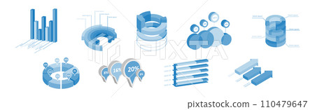 Blue Isometric Infographic Elements with Chart and Diagram Vector Set 110479647