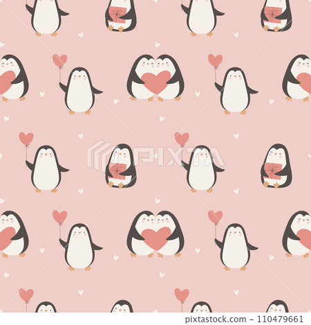 Valentine s day seamless pattern with cute penguins, gift and heart shaped balloon. 110479661
