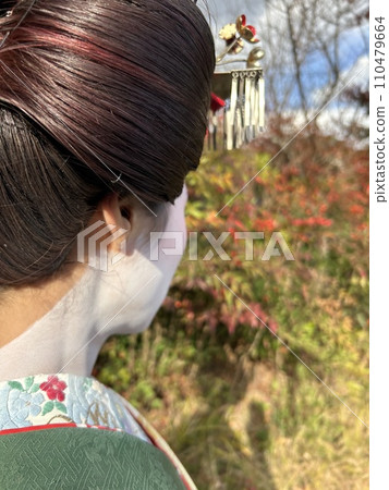 Close-up of the back view of a woman dressed as a maiko Close-up of the back view of a woman dressed as a maiko 110479664