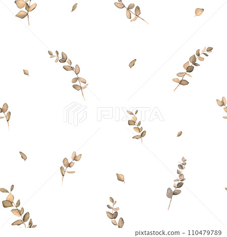 Seamless pattern with beige eucalyptus leaves. Botanical natural. Watercolor isolated illustration on white background. Floral Illustration for postcards, posters, textile design. hand drawn painting 110479789