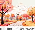 Autumn leaves landscape and cute retro Scandinavian cityscape illustration material 110479896