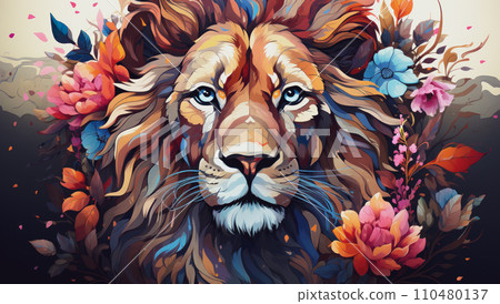 Illustration of lion head with creative colorful floral and splash elements on white background Illustration of lion head with creative colorful floral and splash elements on white background 110480137